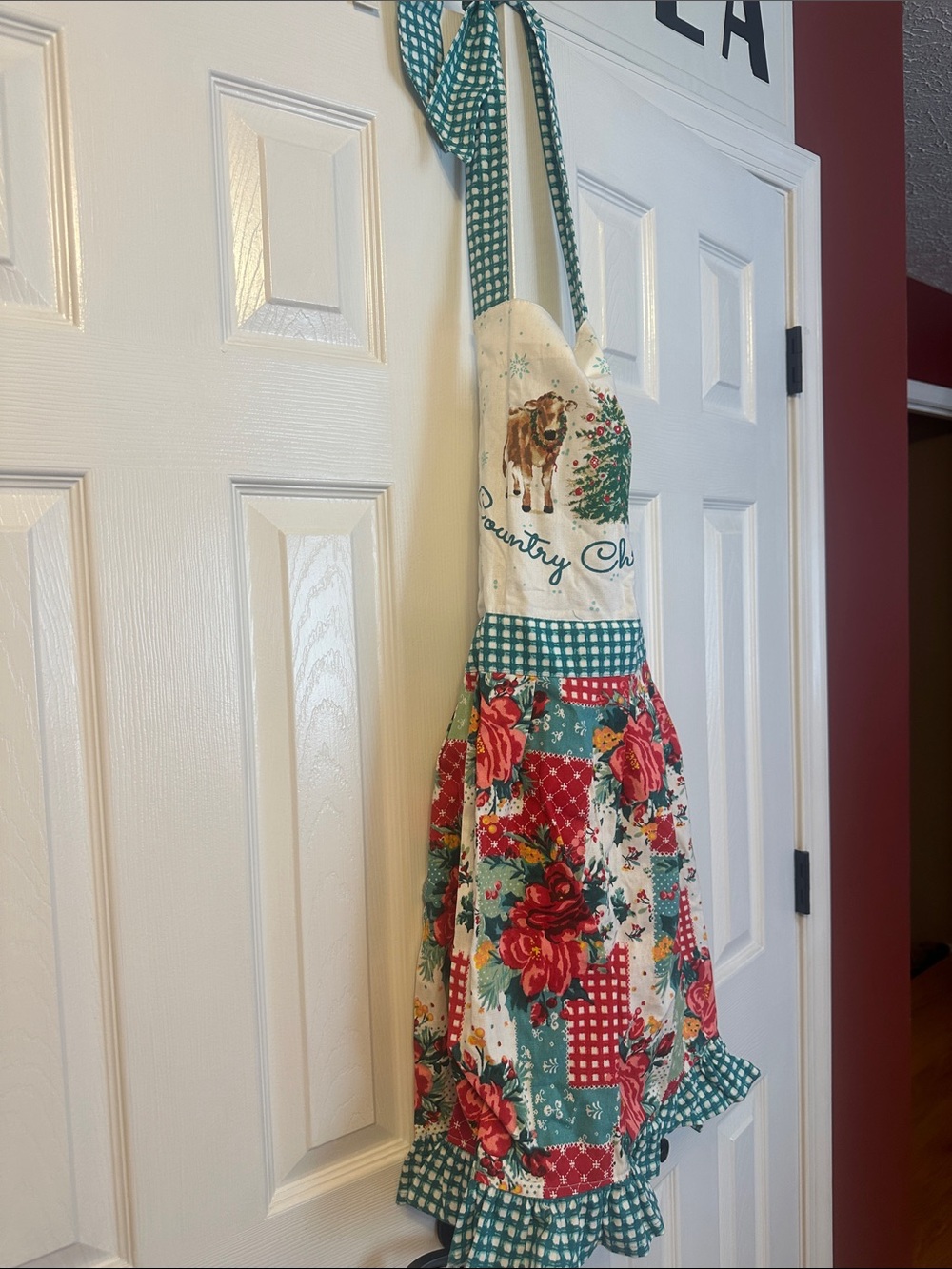 Floral Patchwork Apron with Green Gingham Trim